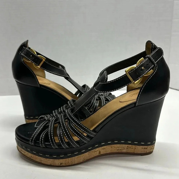 Chloe Marcie Wedges Leather T-Strap Platform High Heel Sandals Black Size 40.5 - Picture 12 of 14